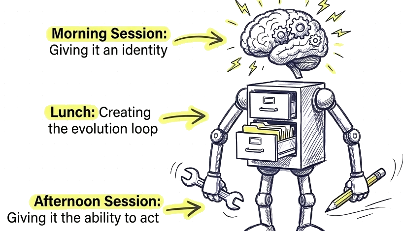Anatomy of your AI twin: morning session gives it an identity, lunch creates the evolution loop, afternoon session gives it the ability to act